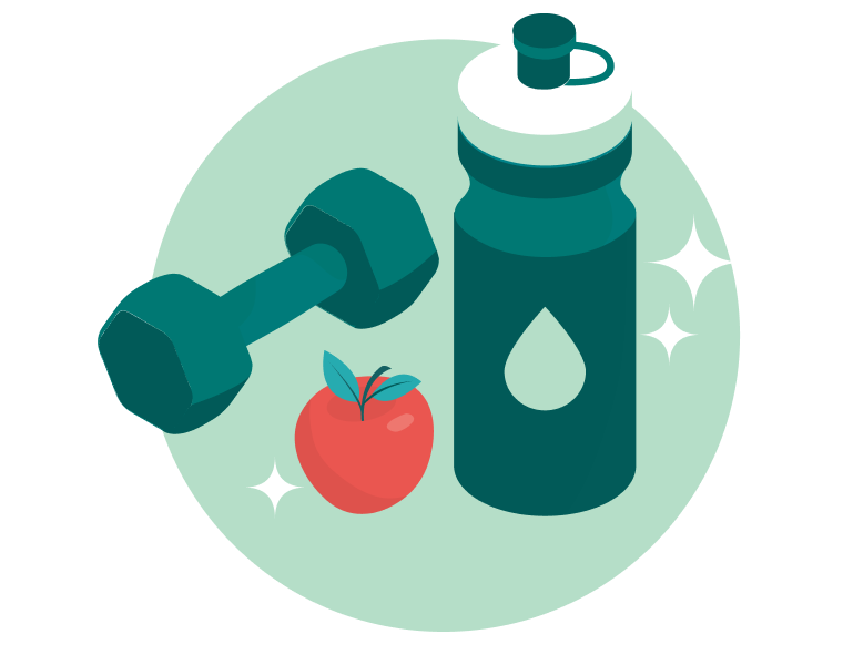 Illustration with dumbell, apple, and water bottle